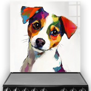 Colourful Jack Russell Terrier splashback art with vibrant red, orange, green, and blue tones.
