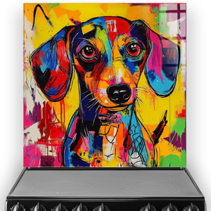 Colourful graffiti-style Dachshund splashback art with blue, orange, pink, red, and yellow.