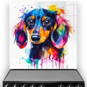 Colourful Drippy Dachshund splashback art with vibrant blue, orange, pink, yellow, and green splashes.