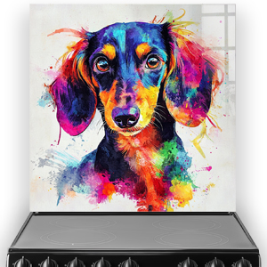 Dachshund splashback with vivid watercolour art in bright blues, oranges, purples, and yellows.