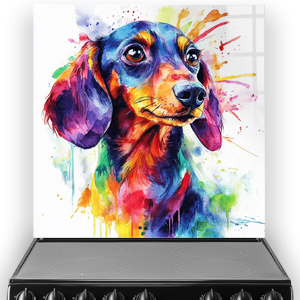 Colourful Dachshund splashback art with vibrant colours.