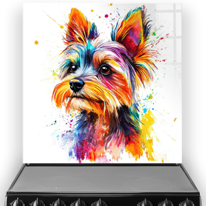 Colourful Yorkshire Terrier splashback art with vibrant colours.
