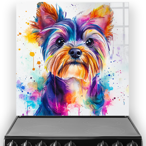 Vivid watercolour painting of a Yorkshire Terrier with colourful splashes.