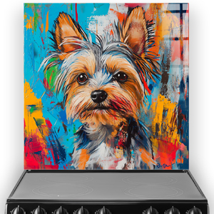 Colourful graffiti-style Yorkshire Terrier splashback art with blue, orange, red, and yellow background.