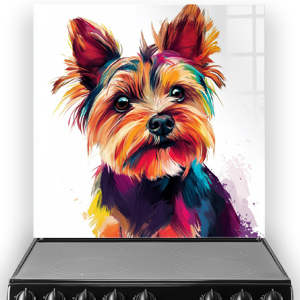 Colourful Yorkshire Terrier splashback art with vibrant orange, purple, yellow, and blue hues.