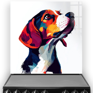 Colourful modern Beagle splashback art with bold oranges, blues, and reds.