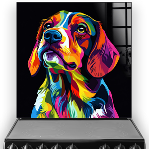 Neon beagle art splashback in vibrant pop art style with bright colours.