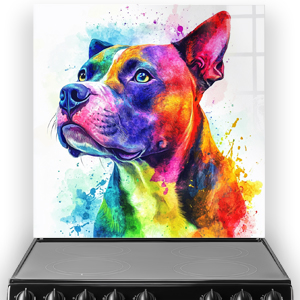 Vibrant abstract art of a Staffordshire Bull Terrier in blue, red, yellow, and green.
