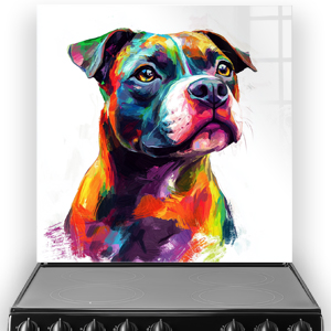 Colourful Staffordshire Bull Terrier art splashback with vibrant colours and expressive style.