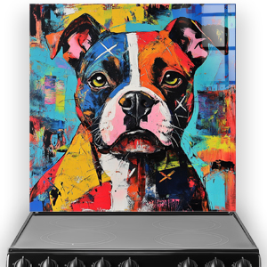 Colourful graffiti-style Staffordshire Bull Terrier splashback art.