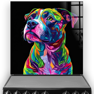 Colourful Staffordshire Bull Terrier pop-art splashback with vibrant neon hues.