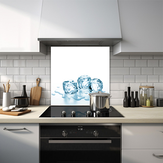 3 ice cubes melting splashback on a white background.