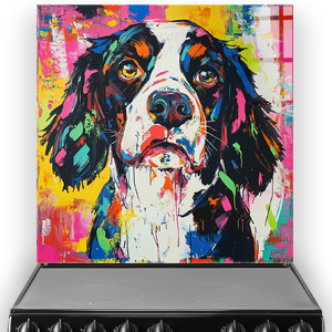 Colourful graffiti-style English Springer Spaniel splashback in vibrant pink, yellow, blue, and green.