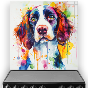 Vibrant English Springer Spaniel watercolour splashback art featuring blues, reds, yellows, and greens.