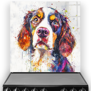 Vibrant watercolour English Springer Spaniel splashback art with colourful splashes.