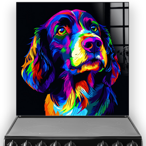 Neon pop art style English Springer Spaniel splashback with vibrant colours.