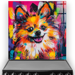 Colourful Pomeranian graffiti splashback art with vibrant colours.
