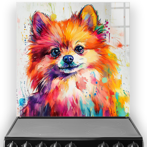 Colourful Pomeranian splashback art with vibrant orange, purple, yellow, and green hues.