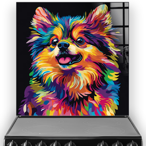 Colourful Pomeranian splashback art with neon hues.
