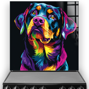 Vibrant neon Rottweiler splashback art in pop art style.
