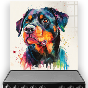 Colourful watercolour Rottweiler splashback art with bold colours