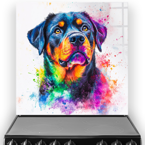 Colourful Rottweiler splashback art with abstract watercolour and splatter design.
