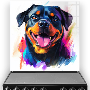 Colourful abstract Rottweiler splashback art with vivid colours.