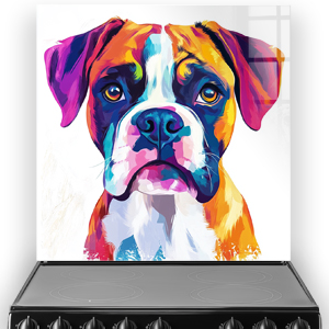 Colourful Boxer dog splashback art with vibrant orange, blue, and purple hues.