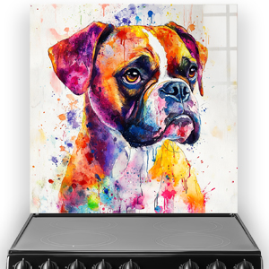 Colourful Boxer splashback art with vibrant blue, orange, yellow, and purple shades.