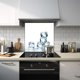 Stacked ice cubes melting glass splashback design.