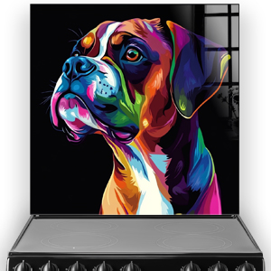 Colourful Boxer dog in neon pop art style splashback.