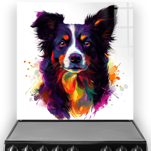 Colourful abstract Border Collie splashback art with vibrant purples, oranges, and yellows.