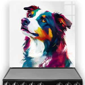 Vibrant impressionistic Border Collie splashback art with reds, blues, and yellows.