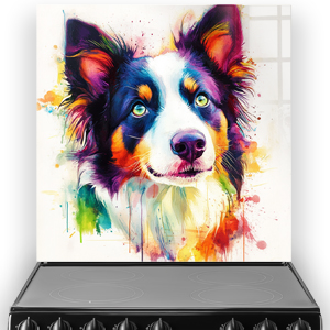 Vibrant Border Collie splashback art with blues, purples, oranges, and yellows.