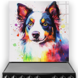 Colourful Border Collie splashback art with vibrant blue, purple, orange, yellow, and green hues.