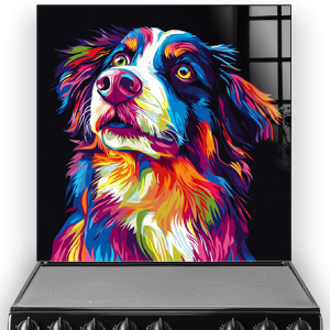 Colourful pop art of a Border Collie with vibrant blue, red, and yellow hues.