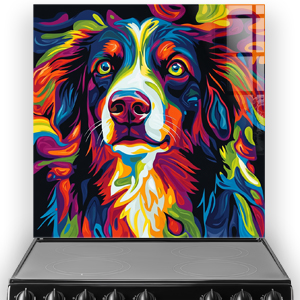 Colourful psychedelic Border Collie splashback art with bold reds, blues, yellows, and oranges.
