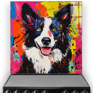 Colourful Border Collie graffiti style splashback art with pink, yellow, and orange.
