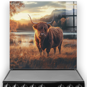 Highland Cow splashback art with golden hour colours
