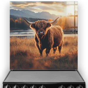 Highland Cow splashback art with mountains and loch.