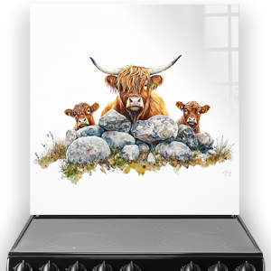 Highland Cows and Stone Wall splashback art titled "Moooody Viewpoint" with cows and stones in rustic colours.