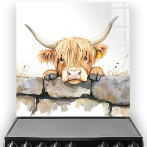 Highland cow peeking over stone wall splashback art in watercolour style.