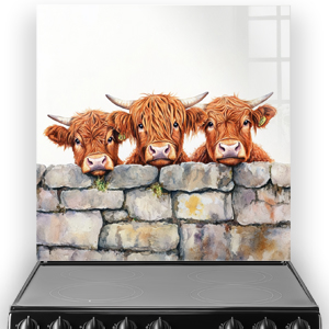 Highland cows peering over a stone wall printed splashback art