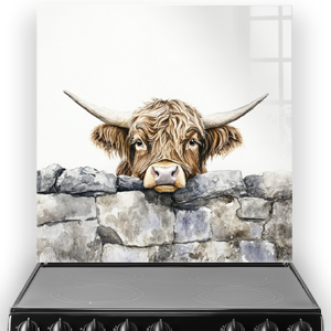 Highland cow looking over a stone wall splashback art.