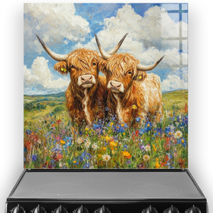 Highland cows standing in a field of colourful wildflowers under a blue sky.