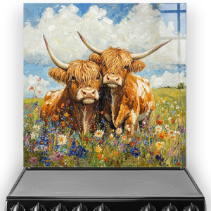 Highland cows and wildflowers splashback with vibrant colours.