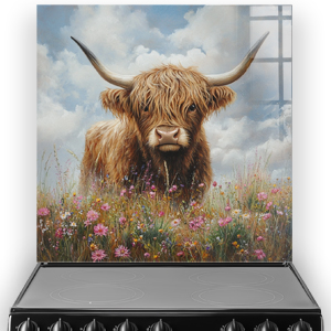Artwork of Highland cow with wildflowers and blue sky.