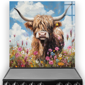 Highland cow with wildflowers in vibrant, colourful art splashback.