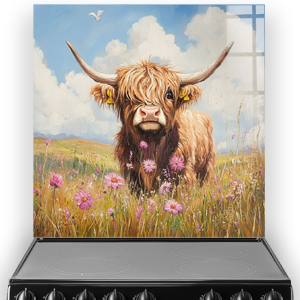 Highland cow in meadow with wildflowers and blue sky.