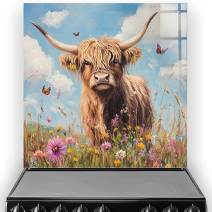 Highland cow with wildflowers and butterflies splashback art